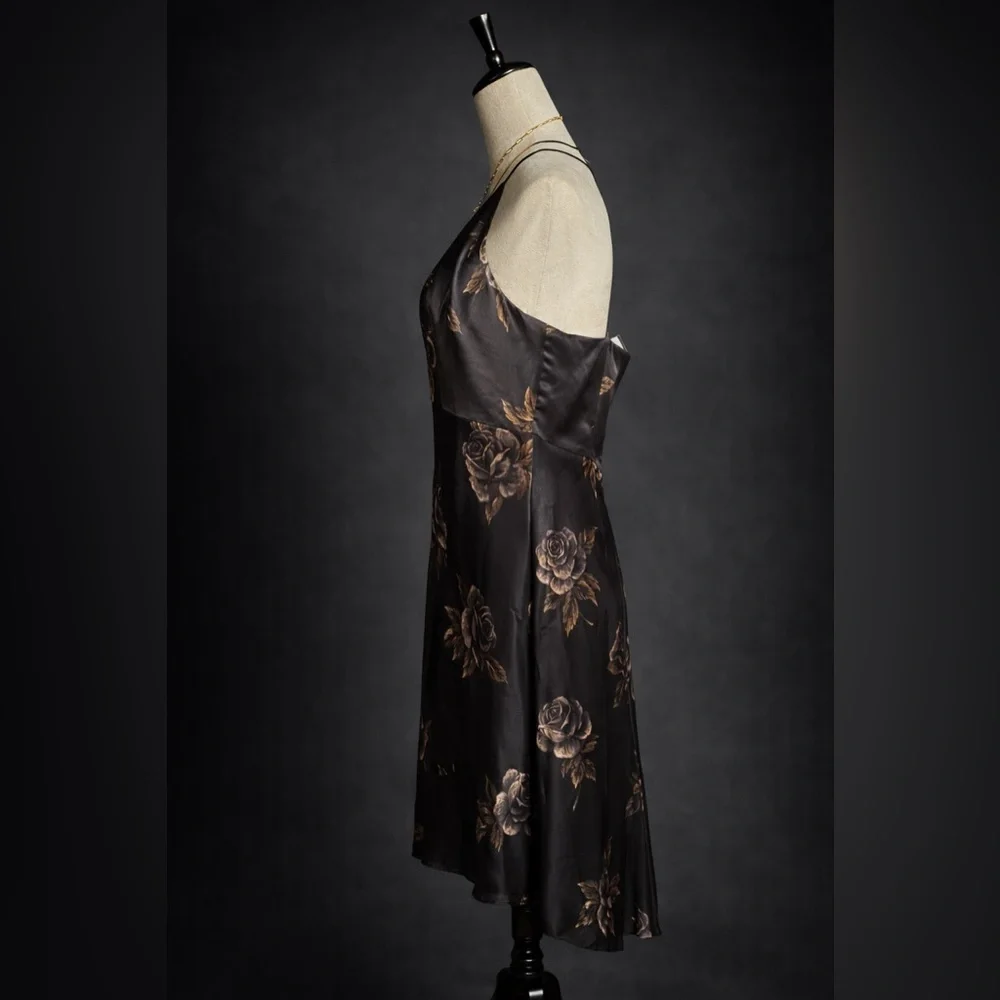 Black Satin Floral Halter Dress